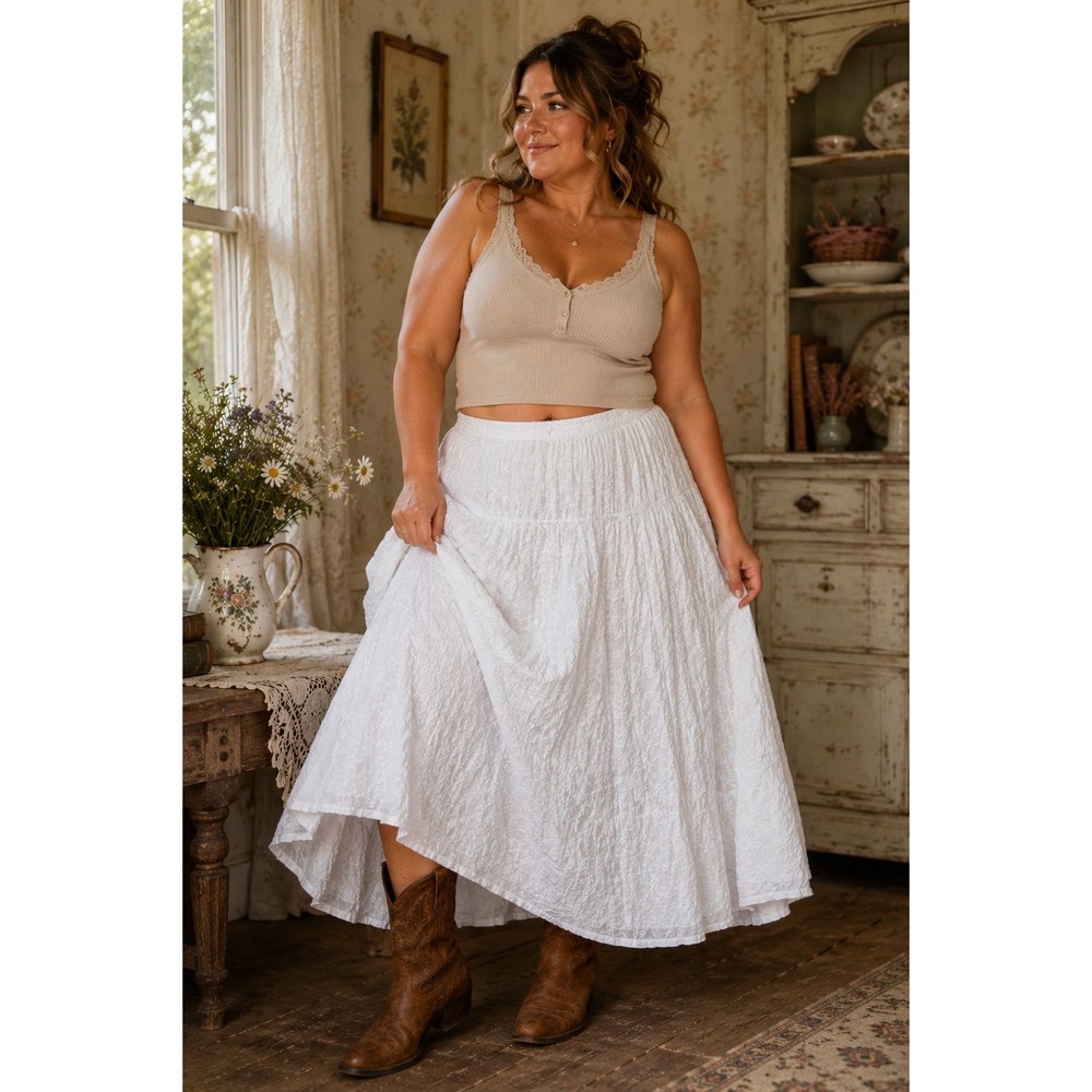 Vintage White Eyelet Cottagecore Prairie Midi Skirt Cotton A-Line Plus 20W
